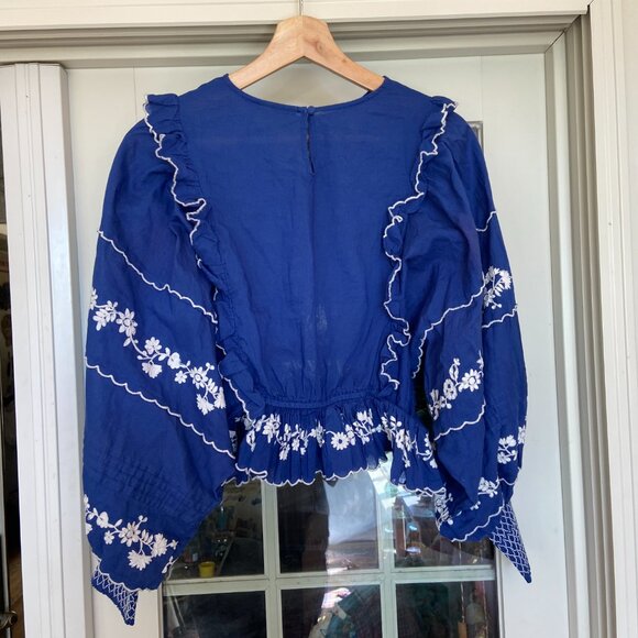 Farm Rio Blue Floral Embroidered Women's Top Size S Boho Peasant Colorful AS IS - Picture 8 of 13